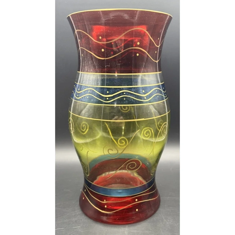 Vintage Pier 1 Hand Painted Glass Hurricane Vase Colorful Swirl 12